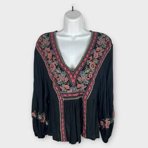 American‎ Eagle Black Flowy Embroidered Floral Boho Peasant Blouse Small
